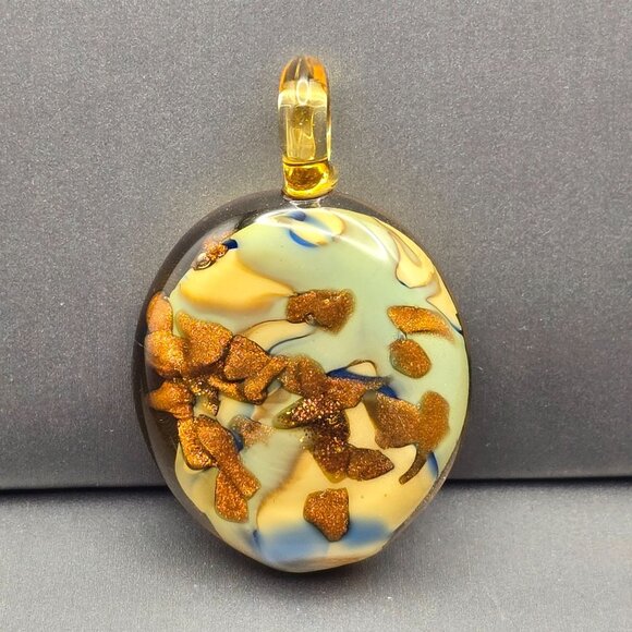 Foiled Glass Pendant Earth Tones w/ Cobalt & Gold Glass Bail 1.75" x 1.25" - Picture 1 of 7